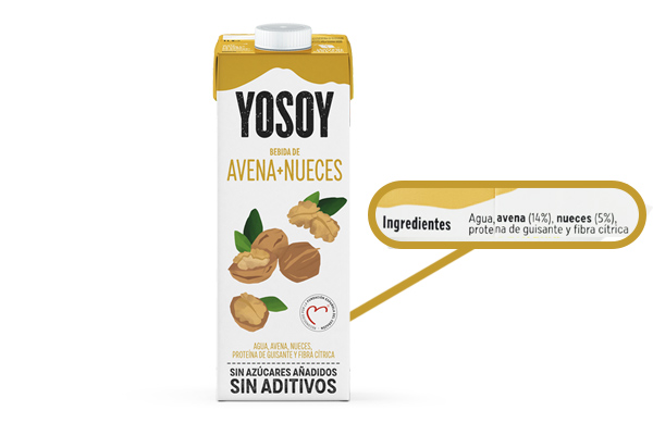 Detalle de etiquetado de Yosoy Bebida de avena y nueces "sin aditivos"